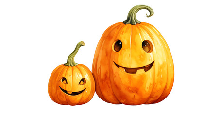 Two carved pumpkins smiling for Halloween holiday season.