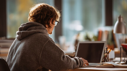 Concentrated young man with glasses working on a laptop at a sunlit desk. Student studying, coding or online learning in a cozy home or office environment