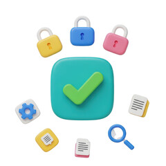Colorful 3d icons representing security and data management on a transparent background