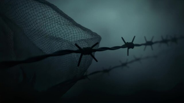 Tattered net caught on barbed wire in swirling fog