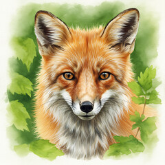 Fototapeta premium Fox portrait with detailed fur among green leaves in nature 