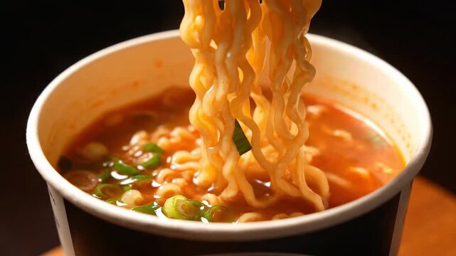 Cinematic Korean Cup Ramen with Chopsticks Lifting Noodles