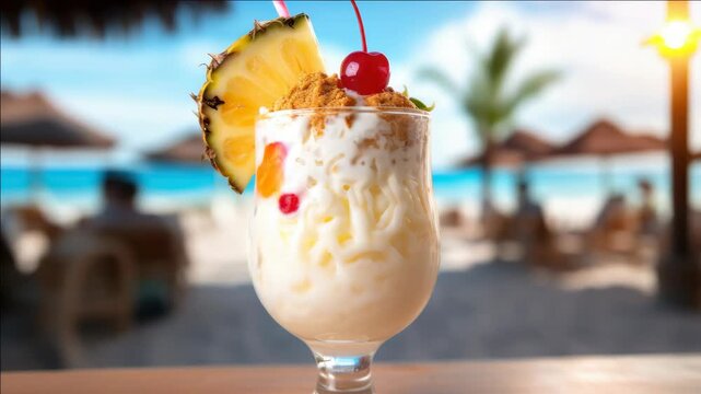 Beachside cocktail with pineapple, cherry and nutmeg
