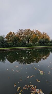Historic Pont Napoleon bridge crossing the Moyenne - De&ucirc;le river with autumn trees in Lille, France
