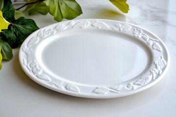 Elegant White Oval Plate with Delicate Leaf Design