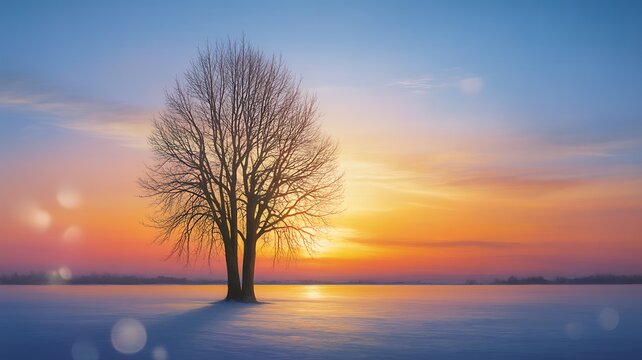 Solitary bare tree in a snowy field at sunset with orange sky winter