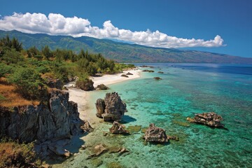 Obraz premium Pristine white sand beach fringed by dramatic rock formations, turquoise water, and lush green hills, creating a tranquil paradise scene.