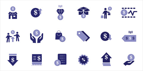 price icons set. price, product, price tag, low price, high price, discount and more. simple colored vector