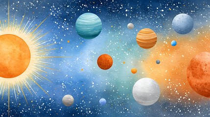 Blazing Sun and Planets in Space Aesthetic Watercolor Art Illustration