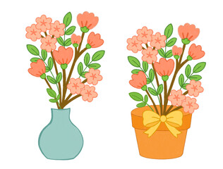 Beautiful sakura flowers in a vase and pot, illustrated with digital colored pencils. Soft pink blossoms with green leaves and decorative ribbon, perfect for spring or Japanese design projects.