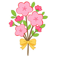 Beautiful sakura flower bouquet created digital colored pencils. Soft pastel pink blossoms with green leaves and yellow ribbon, perfect for spring and Japanese-inspired designs.