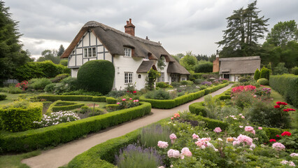 Thatched roof cottage with white walls and timber framing surrounded by a formal flower garden