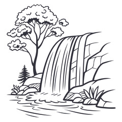 Black and white illustration of a natural waterfall with trees and rocks