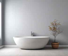 Fototapeta premium A modern bathroom featuring a minimalist style, a smooth white bathtub, and a muted fall-colored plant.