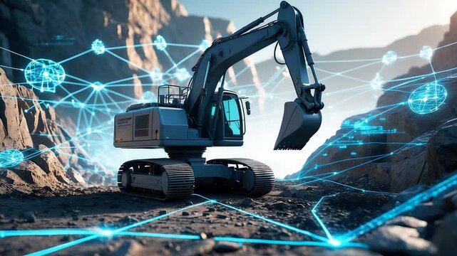 Autonomous excavator operating in rocky canyon with glowing digital network connections visualizing advanced mining and construction technology
