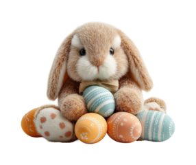 Easter celebration bunny with eggs spring toy cute PNG, isolated on transparent background