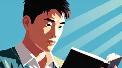 Focused Young Man Immersed in Reading a Book, Illustrated in Vibrant Colors