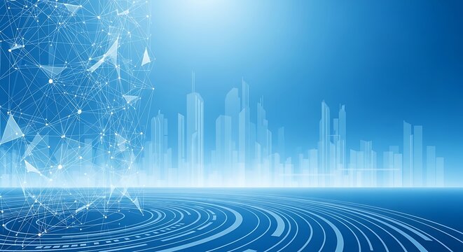 Abstract digital network connecting a futuristic cityscape with glowing concentric circles on a blue background.