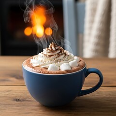 A steaming mug of hot chocolate, topped with whipped cream and marshmallows, sits on a wooden table in front of a fireplace.