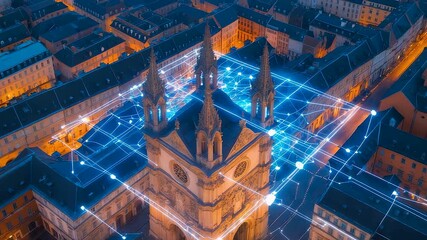 Historic cathedral tower in European city with glowing digital network connections overlay at night showing illuminated urban smart grid system - Powered by Adobe