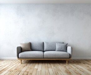 A light-gray sofa with beige pillows rests against a light-gray textured wall in a room with a light-brown wooden floor.