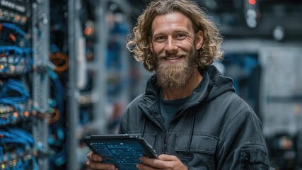 Smiling technician in data center holding tablet while managing server network with blue cables and racks filled with computer hardware components - Powered by Adobe