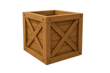 Weathered wooden shipping crate positioned vertically, displayed against transparent backdrop