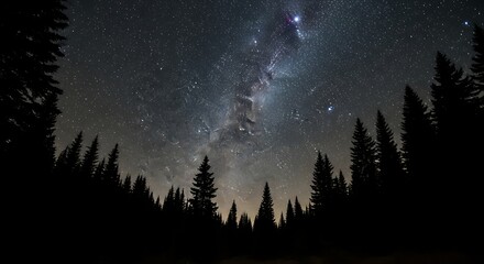 Fototapeta premium A captivating view of the Milky Way arching above a dense forest at night.