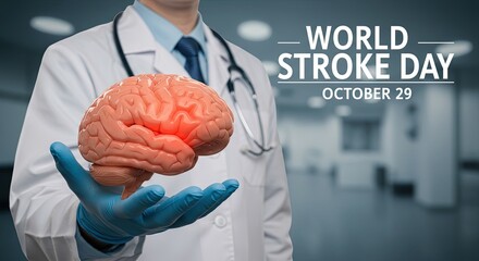 World Stroke Day October 29 poster with brain inflammation, 3D render in doctor’s hands in clinical setting