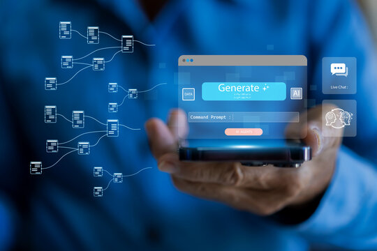 People interacting with AI interface to generate content using command prompt and virtual tools, concept of artificial intelligence, ai generative technology, automation and smart digital agents