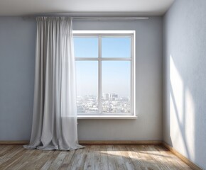 Fototapeta premium A serene, light-filled room with light gray walls, a wooden floor, and sheer curtains, showcasing a city view through a large window.