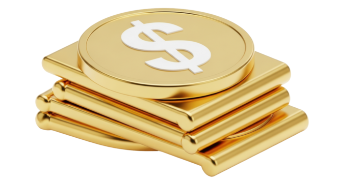 Isolated golden dollar coin on top of gold bar stack represents wealth and money growth