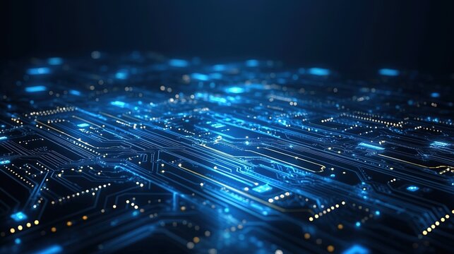 Abstract Tech Concept Background: Dark Blue Base with Blue Circuit Board Lines & Dots &ndash; Ideal for UI Design/Product Promotion/Digital Posters/PPT Materials