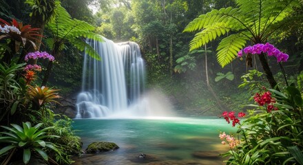 Obraz premium Lush tropical waterfall cascading into a tranquil pool, framed by vibrant orchids and lush greenery. A serene, peaceful scene, with a misty atmosphere.