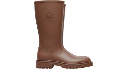 Isolated brown leather riding boot with star, knee-high equestrian boot for fashion wear