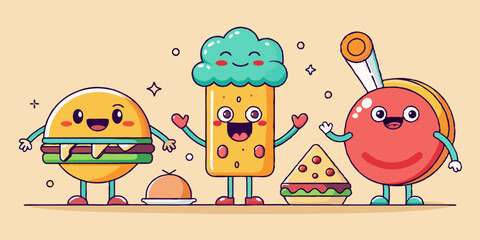 Cute Cartoon Fast Food Character Collection Featuring Pizza, Burger, and Hot Dog with Smiling Faces