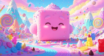 A vibrant, whimsical landscape of colorful candies and treats, featuring a large, joyful, cube-shaped character, bathed in soft pastel hues.