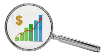 Isolated Magnifying glass with ascending line graph and dollar sign, business growth analysis