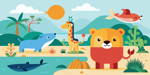 Set of Cute Wild Animal Characters in Natural Habitats with Lion in Savannah and Whale in Ocean