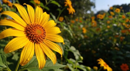 A vibrant, close-up image showcases a stunning yellow flower, full of delicate details, with water droplets glistening on its petals.