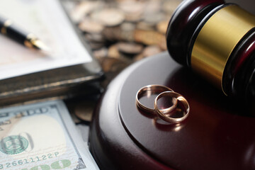 Wedding rings and gavel with money and legal document – divorce or inheritance concept
