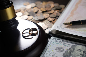 Wedding rings and gavel with money and legal document – divorce or inheritance concept