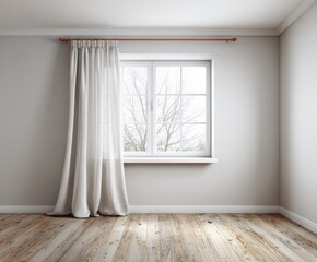 Obraz premium A light-filled room with a window draped in sheer curtains, showcasing a neutral color palette and warm wooden flooring.