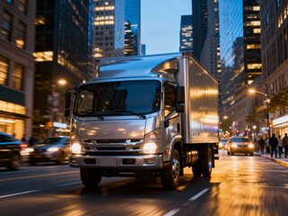 Efficient delivery truck speeding through vibrant city streets at night, promising fast urban logistics