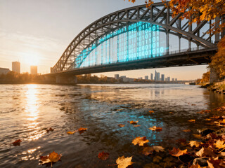 Modern bridge architecture with digital binary code overlay in autumn setting, technology future