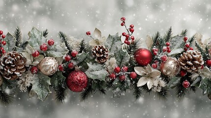 Elegant christmas garland with red and silver ornaments, pine cones, berries, and frosted greenery on snowy background