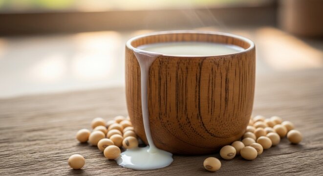 Wooden cup overflows a white liquid onto table, surround by soybeans