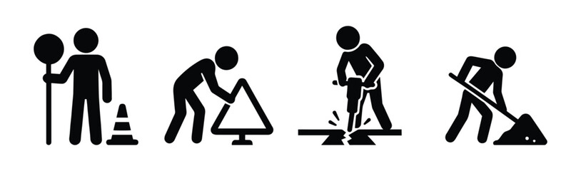 set of icons road workers, people doing road repair, sticks figure stickman isolated silhouettes