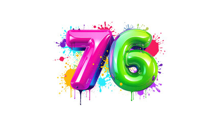 Colorful 3D Number 76 with Paint Splatter Background -  Birthday, Anniversary, Celebration Design