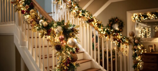 Festive staircase decorated with christmas garland, lights, and ornaments for a warm and inviting holiday ambiance